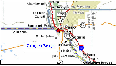 Map of the El Paso, Texas, and Juarez, Mexico, area, showing the location of the Zaragoza Bridge on the Rio Grande River.