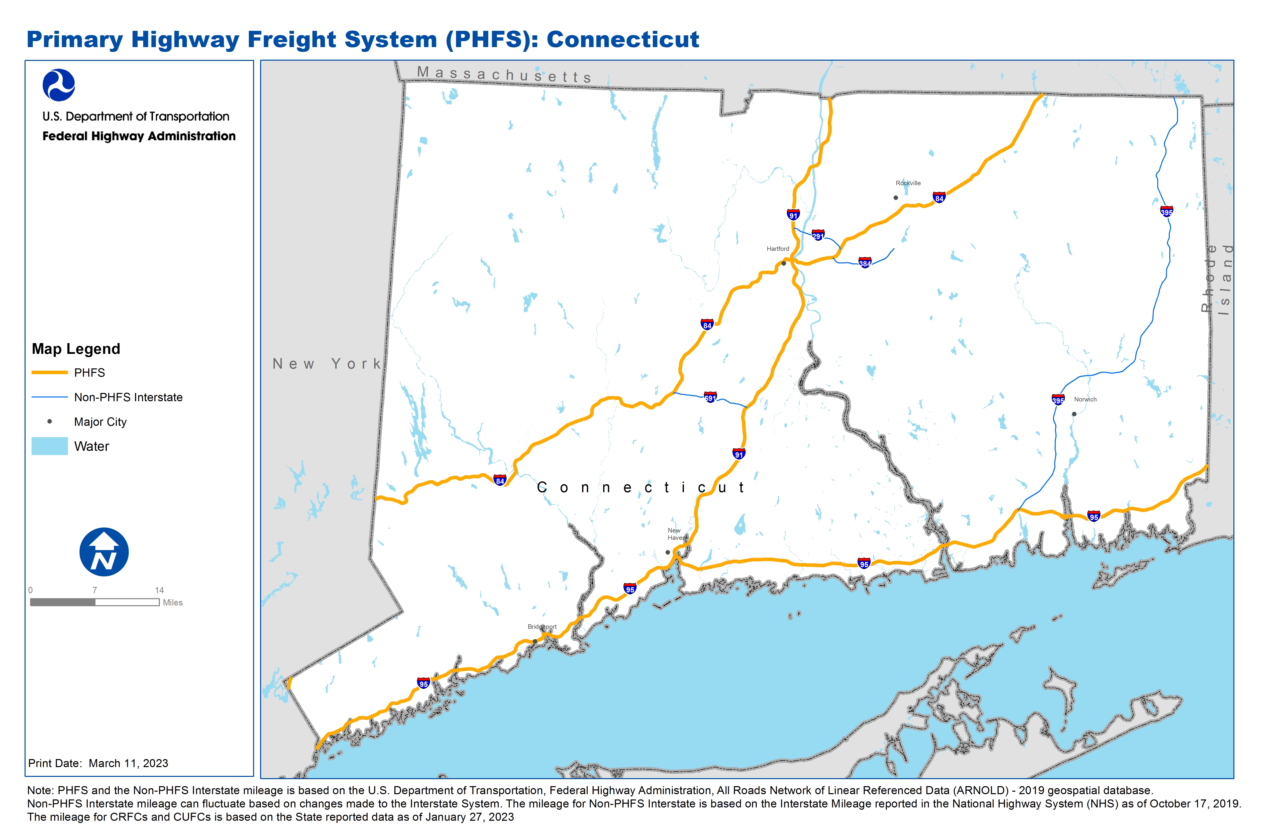 This map shows the Primary Highway Freight System (PHFS) routes as well as all the Interstate Highways within the state that are not part of the PHFS.