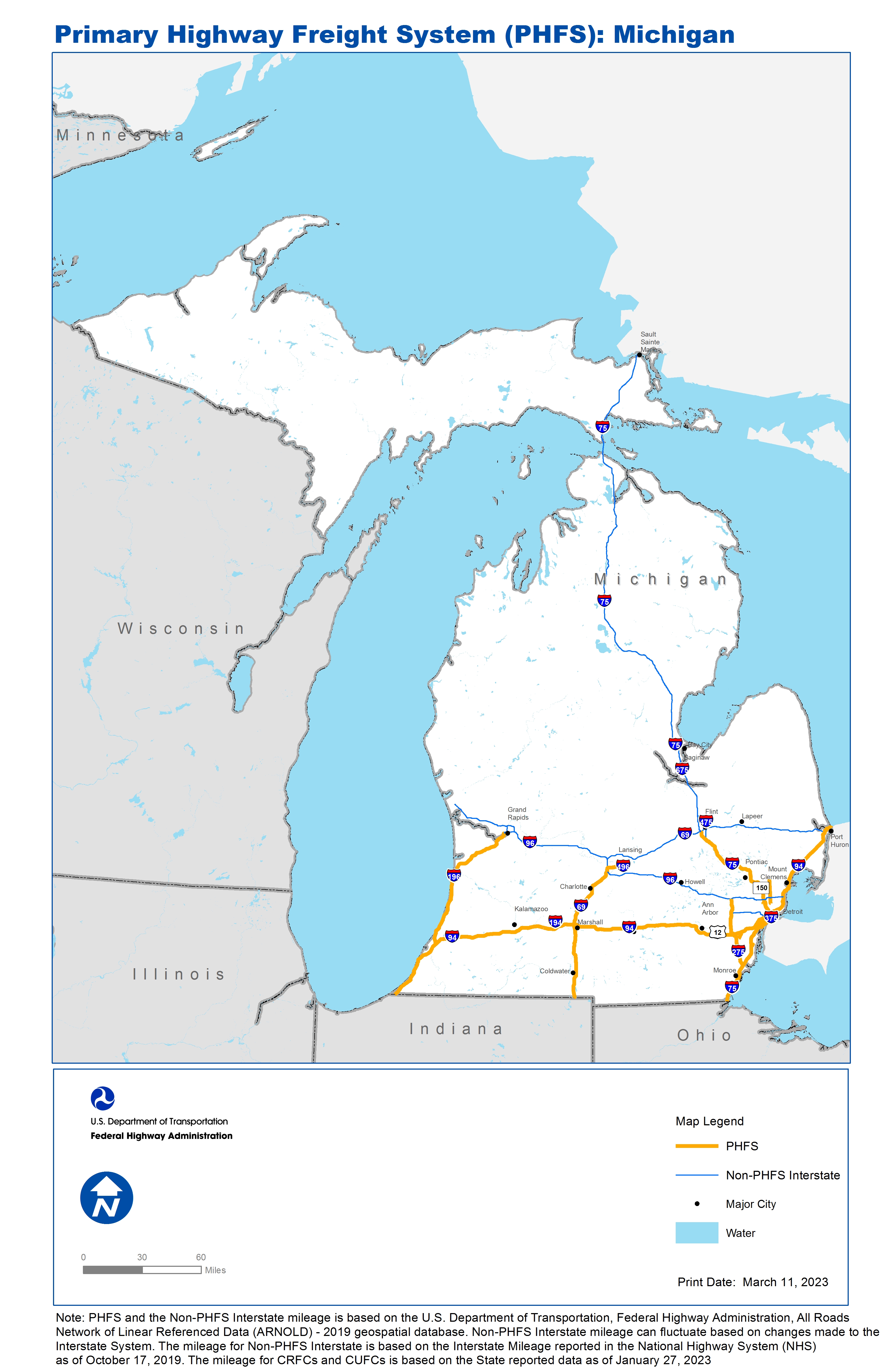 This map shows the Primary Highway Freight System (PHFS) routes as well as all the Interstate Highways within the state that are not part of the PHFS. As an alternative to the map, the Tables below separately list the PHFS routes and the Interstate Highways which are not part of the PHFS.