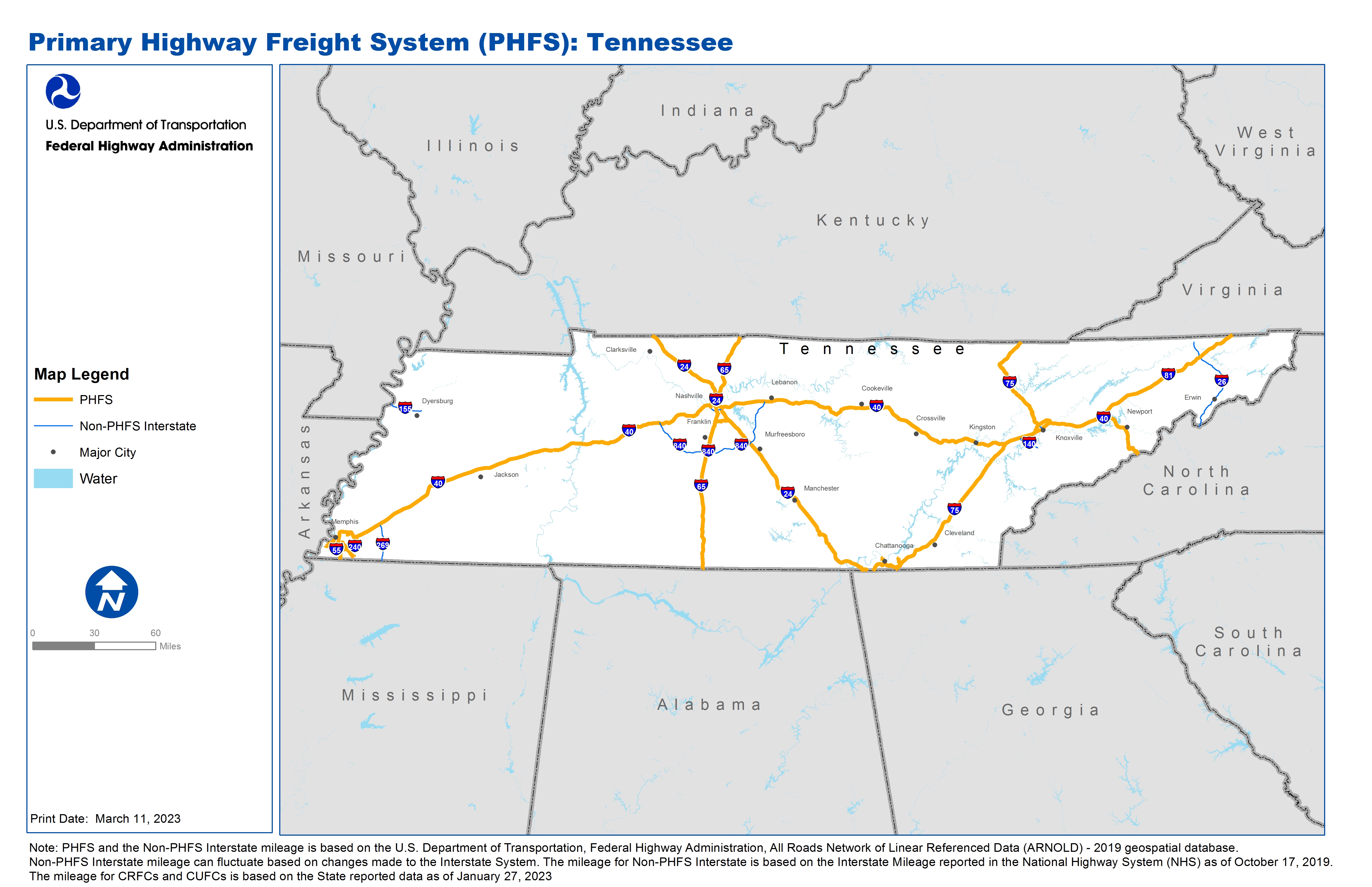 This map shows the Primary Highway Freight System (PHFS) routes as well as all the Interstate Highways within the state that are not part of the PHFS, as designated on 12/22/2022.