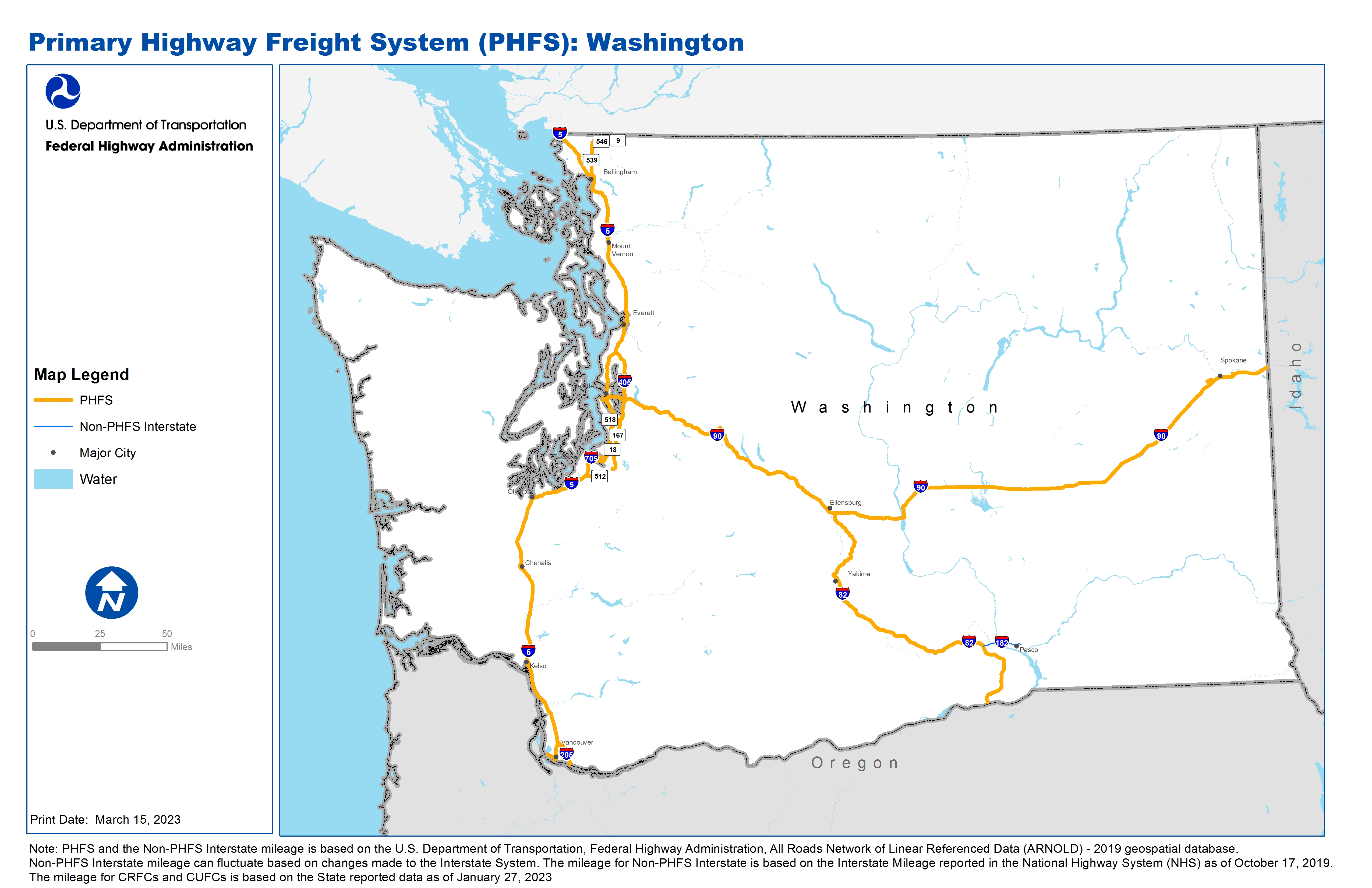 This map shows the Primary Highway Freight System (PHFS) routes as well as all the Interstate Highways within the state that are not part of the PHFS, as designated on 12/22/2022.