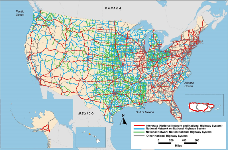 This outline map of the 48 contiguous states and insets for Alaska, Hawaii, and Puerto Rico show the individual routes for the National Network for Conventional Combination Trucks in 2014.