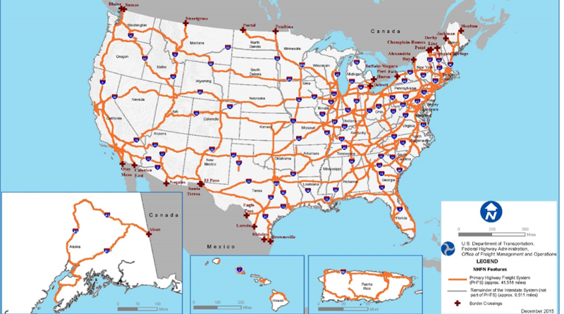 This exhibit is an outline map of the 48 contiguous States and insets for Alaska, Hawaii, and Puerto Rico highlights roads included in the National Highway Freight Network.