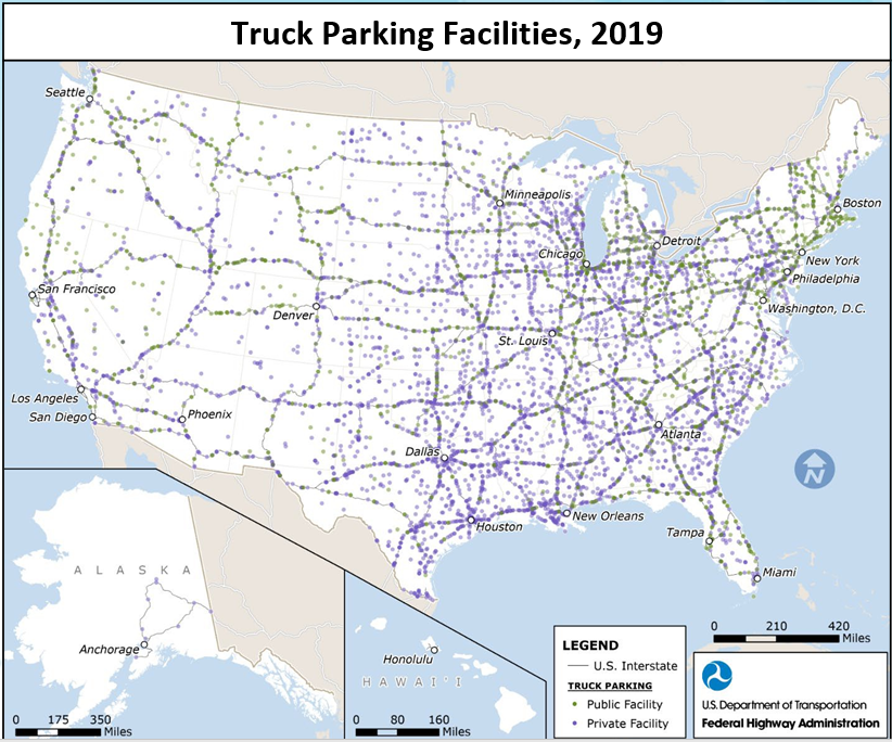 Truck Parking Facilities 2019 - Map shows numerous facilities along mostly major roads in the US.