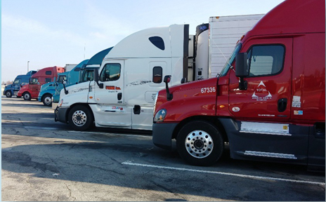 A row of freight trucks parked viewed from eye level.