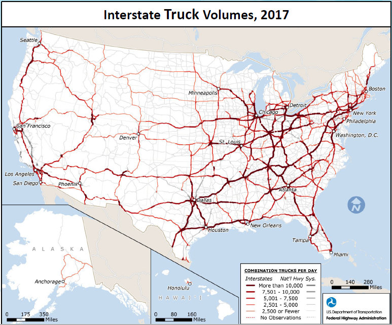 Interstate Truck Volumes- the map shows volume routes with most being along interstates