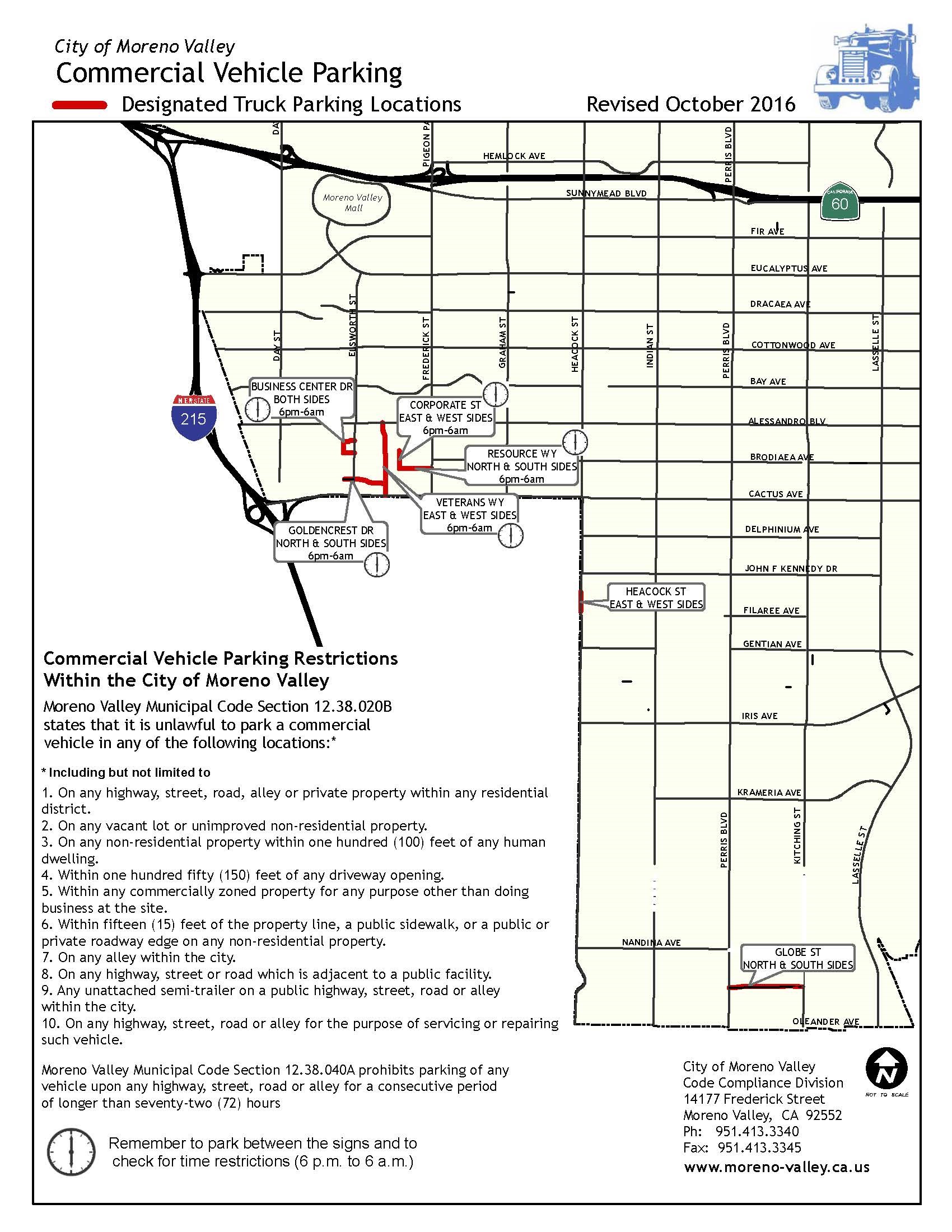Map of Moreno Valley, CA marked to show designated truck parking locations. Also included in the image is a list of Moreno Valley's Commercial Vehicle Parking Restrictions.