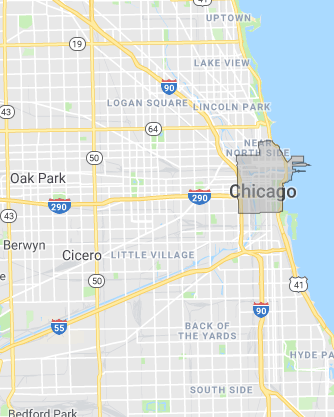 map of the area around Chicago, IL, with Chicago's Central Business District highlighted.  It is near the water.