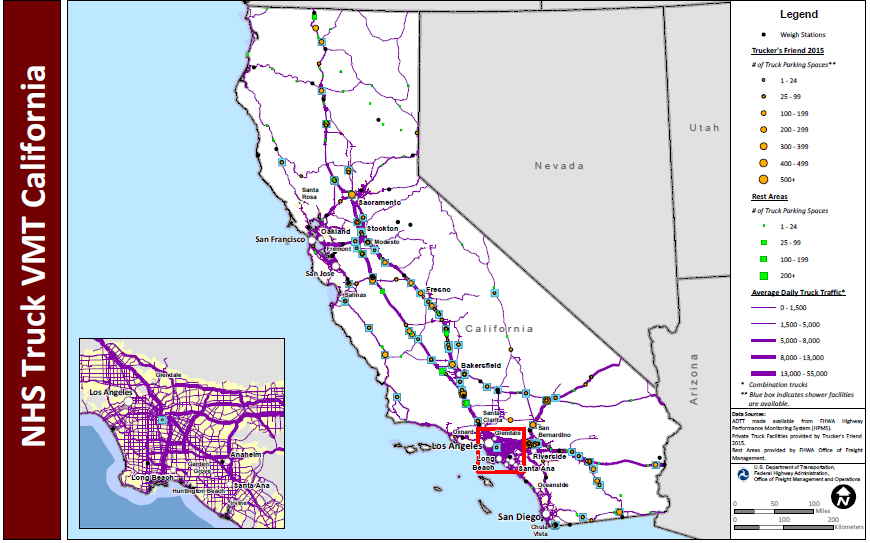 NHS Truck VMT California. Map of California with a blown up inset of the Los Angeles metropolitan area shows major interstate routes and uses dots to indicate the locations of truck weigh stations, public rest areas, and private truck stop facilities. The size of the dot varies to indicate the number of parking spaces provided, and shaded boxes around the dots indicate showers are available. The lines representing the interstates are shaded more thickly to indicate higher average daily truck traffic and more thinly to indicate lower daily truck traffic. Data Sources: ADTT made available from FHWA Highway Performance Monitoring System (HPMS). Private Truck Facilities provided by Trucker's Friend 2015. Rest Areas provided by FHWA Office of Freight Management.
