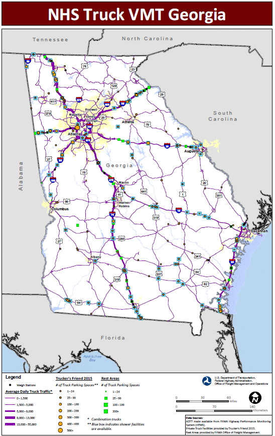 NHS Truck VMT Georgia. Map of Georgia shows major interstate routes and uses dots to indicate the locations of truck weigh stations, public rest areas, and private truck stop facilities. The size of the dot varies to indicate the number of parking spaces provided, and shaded boxes around the dots indicate showers are available. The lines representing the interstates are shaded more thickly to indicate higher average daily truck traffic and more thinly to indicate lower daily truck traffic. Data Sources: ADTT made available from FHWA Highway Performance Monitoring System (HPMS). Private Truck Facilities provided by Trucker's Friend 2015. Rest Areas provided by FHWA Office of Freight Management.