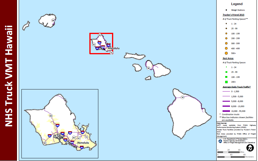 NHS Truck VMT Hawaii. Map of Hawaii shows major interstate routes and uses dots to indicate the locations of truck weigh stations, public rest areas, and private truck stop facilities. The size of the dot varies to indicate the number of parking spaces provided, and shaded boxes around the dots indicate showers are available. The lines representing the interstates are shaded more thickly to indicate higher average daily truck traffic and more thinly to indicate lower daily truck traffic. Data Sources: ADTT made available from FHWA Highway Performance Monitoring System (HPMS). Private Truck Facilities provided by Trucker's Friend 2015. Rest Areas provided by FHWA Office of Freight Management.