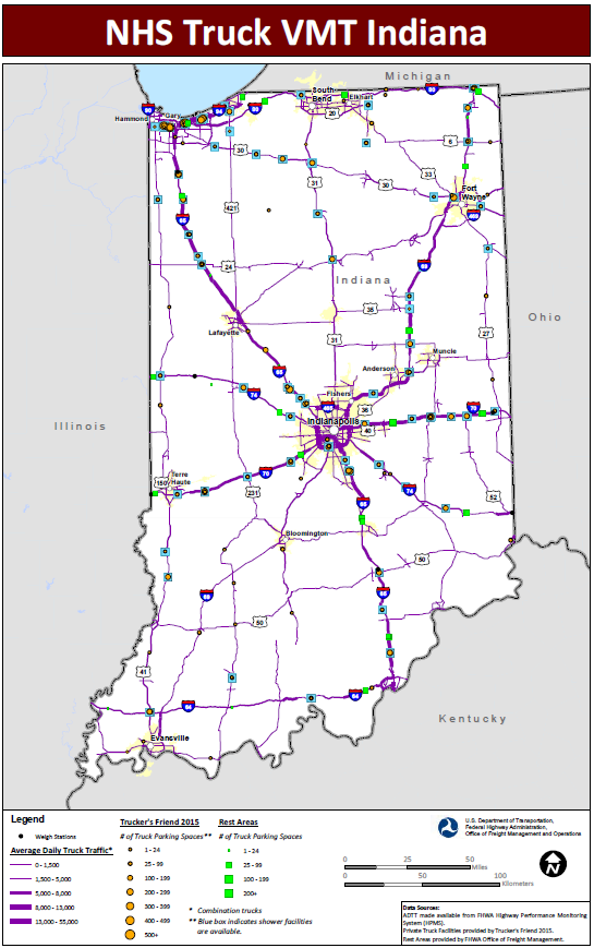 NHS Truck VMT Indiana. Map of Indiana shows major interstate routes and uses dots to indicate the locations of truck weigh stations, public rest areas, and private truck stop facilities. The size of the dot varies to indicate the number of parking spaces provided, and shaded boxes around the dots indicate showers are available. The lines representing the interstates are shaded more thickly to indicate higher average daily truck traffic and more thinly to indicate lower daily truck traffic. Data Sources: ADTT made available from FHWA Highway Performance Monitoring System (HPMS). Private Truck Facilities provided by Trucker's Friend 2015. Rest Areas provided by FHWA Office of Freight Management.