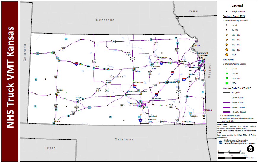 NHS Truck VMT Kansas. Map of Kansas shows major interstate routes and uses dots to indicate the locations of truck weigh stations, public rest areas, and private truck stop facilities. The size of the dot varies to indicate the number of parking spaces provided, and shaded boxes around the dots indicate showers are available. The lines representing the interstates are shaded more thickly to indicate higher average daily truck traffic and more thinly to indicate lower daily truck traffic. Data Sources: ADTT made available from FHWA Highway Performance Monitoring System (HPMS). Private Truck Facilities provided by Trucker's Friend 2015. Rest Areas provided by FHWA Office of Freight Management.