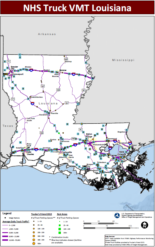 NHS Truck VMT Louisiana. Map of Louisiana shows major interstate routes and uses dots to indicate the locations of truck weigh stations, public rest areas, and private truck stop facilities. The size of the dot varies to indicate the number of parking spaces provided, and shaded boxes around the dots indicate showers are available. The lines representing the interstates are shaded more thickly to indicate higher average daily truck traffic and more thinly to indicate lower daily truck traffic. Data Sources: ADTT made available from FHWA Highway Performance Monitoring System (HPMS). Private Truck Facilities provided by Trucker's Friend 2015. Rest Areas provided by FHWA Office of Freight Management.