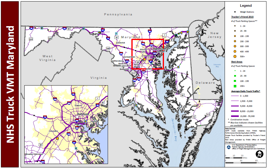 NHS Truck VMT Maryland. Map of Maryland with a blown up inset of the Baltimore metropolitan area shows major interstate routes and uses dots to indicate the locations of truck weigh stations, public rest areas, and private truck stop facilities. The size of the dot varies to indicate the number of parking spaces provided, and shaded boxes around the dots indicate showers are available. The lines representing the interstates are shaded more thickly to indicate higher average daily truck traffic and more thinly to indicate lower daily truck traffic. Data Sources: ADTT made available from FHWA Highway Performance Monitoring System (HPMS). Private Truck Facilities provided by Trucker's Friend 2015. Rest Areas provided by FHWA Office of Freight Management.