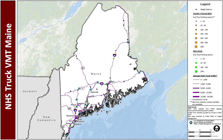 NHS Truck VMT Maine. Map of Maine shows major interstate routes and uses dots to indicate the locations of truck weigh stations, public rest areas, and private truck stop facilities. The size of the dot varies to indicate the number of parking spaces provided, and shaded boxes around the dots indicate showers are available. The lines representing the interstates are shaded more thickly to indicate higher average daily truck traffic and more thinly to indicate lower daily truck traffic. Data Sources: ADTT made available from FHWA Highway Performance Monitoring System (HPMS). Private Truck Facilities provided by Trucker's Friend 2015. Rest Areas provided by FHWA Office of Freight Management.