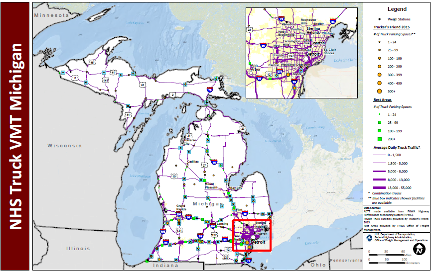 NHS Truck VMT Michigan. Map of Michigan with a blown up inset of the Detroit metropolitan area shows major interstate routes and uses dots to indicate the locations of truck weigh stations, public rest areas, and private truck stop facilities. The size of the dot varies to indicate the number of parking spaces provided, and shaded boxes around the dots indicate showers are available. The lines representing the interstates are shaded more thickly to indicate higher average daily truck traffic and more thinly to indicate lower daily truck traffic. Data Sources: ADTT made available from FHWA Highway Performance Monitoring System (HPMS). Private Truck Facilities provided by Trucker's Friend 2015. Rest Areas provided by FHWA Office of Freight Management.