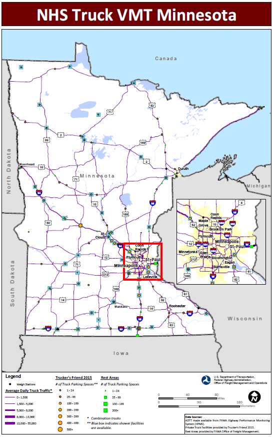 NHS Truck VMT Minnesota. Map of Minnesota with a blown up inset of the Minneapolis-St. Paul metropolitan area shows major interstate routes and uses dots to indicate the locations of truck weigh stations, public rest areas, and private truck stop facilities. The size of the dot varies to indicate the number of parking spaces provided, and shaded boxes around the dots indicate showers are available. The lines representing the interstates are shaded more thickly to indicate higher average daily truck traffic and more thinly to indicate lower daily truck traffic. Data Sources: ADTT made available from FHWA Highway Performance Monitoring System (HPMS). Private Truck Facilities provided by Trucker's Friend 2015. Rest Areas provided by FHWA Office of Freight Management.