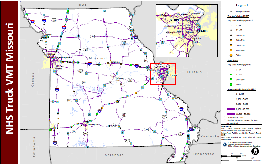 NHS Truck VMT Missouri. Map of Missouri with a blown up inset of the St. Louis metropolitan area shows major interstate routes and uses dots to indicate the locations of truck weigh stations, public rest areas, and private truck stop facilities. The size of the dot varies to indicate the number of parking spaces provided, and shaded boxes around the dots indicate showers are available. The lines representing the interstates are shaded more thickly to indicate higher average daily truck traffic and more thinly to indicate lower daily truck traffic. Data Sources: ADTT made available from FHWA Highway Performance Monitoring System (HPMS). Private Truck Facilities provided by Trucker's Friend 2015. Rest Areas provided by FHWA Office of Freight Management.