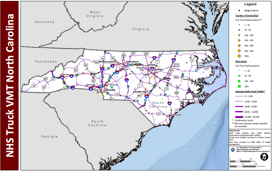 NHS Truck VMT North Carolina. Map of North Carolina shows major interstate routes and uses dots to indicate the locations of truck weigh stations, public rest areas, and private truck stop facilities. The size of the dot varies to indicate the number of parking spaces provided, and shaded boxes around the dots indicate showers are available. The lines representing the interstates are shaded more thickly to indicate higher average daily truck traffic and more thinly to indicate lower daily truck traffic. Data Sources: ADTT made available from FHWA Highway Performance Monitoring System (HPMS). Private Truck Facilities provided by Trucker's Friend 2015. Rest Areas provided by FHWA Office of Freight Management.