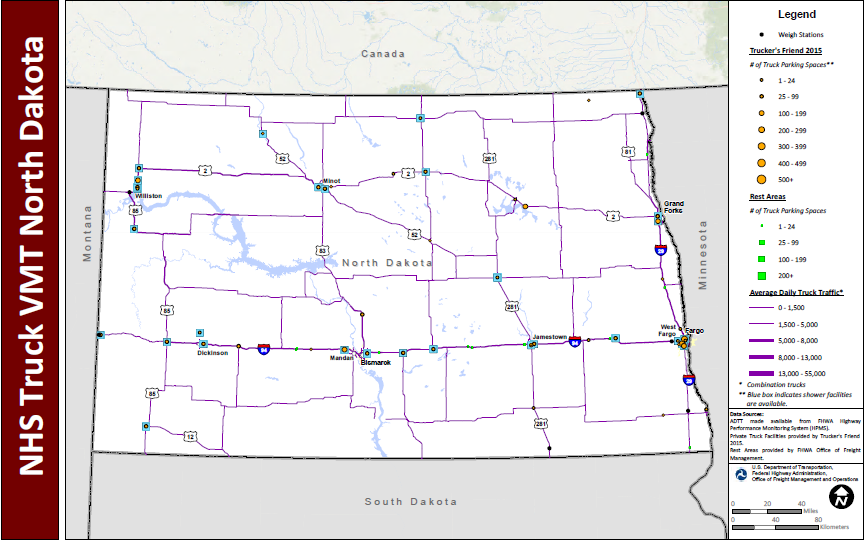 NHS Truck VMT North Dakota. Map of North Dakota shows major interstate routes and uses dots to indicate the locations of truck weigh stations, public rest areas, and private truck stop facilities. The size of the dot varies to indicate the number of parking spaces provided, and shaded boxes around the dots indicate showers are available. The lines representing the interstates are shaded more thickly to indicate higher average daily truck traffic and more thinly to indicate lower daily truck traffic. Data Sources: ADTT made available from FHWA Highway Performance Monitoring System (HPMS). Private Truck Facilities provided by Trucker's Friend 2015. Rest Areas provided by FHWA Office of Freight Management.