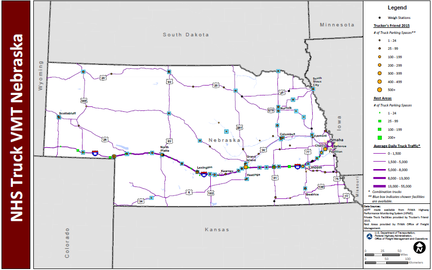 NHS Truck VMT Nebraska. Map of Nebraska shows major interstate routes and uses dots to indicate the locations of truck weigh stations, public rest areas, and private truck stop facilities. The size of the dot varies to indicate the number of parking spaces provided, and shaded boxes around the dots indicate showers are available. The lines representing the interstates are shaded more thickly to indicate higher average daily truck traffic and more thinly to indicate lower daily truck traffic. Data Sources: ADTT made available from FHWA Highway Performance Monitoring System (HPMS). Private Truck Facilities provided by Trucker's Friend 2015. Rest Areas provided by FHWA Office of Freight Management.