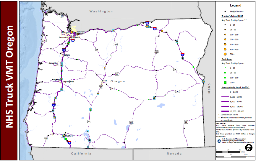 NHS Truck VMT Oregon. Map of Oregon shows major interstate routes and uses dots to indicate the locations of truck weigh stations, public rest areas, and private truck stop facilities. The size of the dot varies to indicate the number of parking spaces provided, and shaded boxes around the dots indicate showers are available. The lines representing the interstates are shaded more thickly to indicate higher average daily truck traffic and more thinly to indicate lower daily truck traffic. Data Sources: ADTT made available from FHWA Highway Performance Monitoring System (HPMS). Private Truck Facilities provided by Trucker's Friend 2015. Rest Areas provided by FHWA Office of Freight Management.
