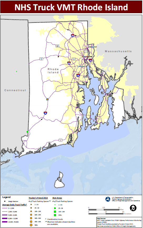 NHS Truck VMT Rhode Island. Map of Rhode Island shows major interstate routes and uses dots to indicate the locations of truck weigh stations, public rest areas, and private truck stop facilities. The size of the dot varies to indicate the number of parking spaces provided, and shaded boxes around the dots indicate showers are available. The lines representing the interstates are shaded more thickly to indicate higher average daily truck traffic and more thinly to indicate lower daily truck traffic. Data Sources: ADTT made available from FHWA Highway Performance Monitoring System (HPMS). Private Truck Facilities provided by Trucker's Friend 2015. Rest Areas provided by FHWA Office of Freight Management.