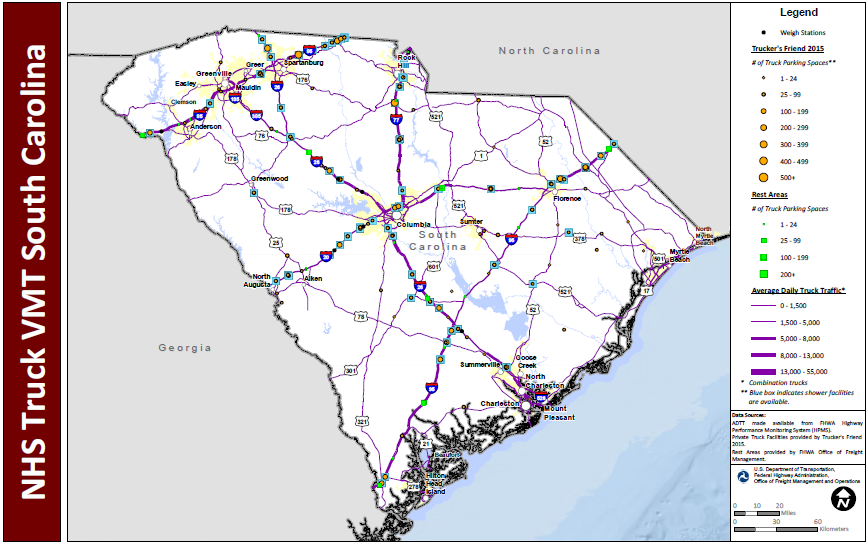 NHS Truck VMT South Carolina. Map of South Carolina shows major interstate routes and uses dots to indicate the locations of truck weigh stations, public rest areas, and private truck stop facilities. The size of the dot varies to indicate the number of parking spaces provided, and shaded boxes around the dots indicate showers are available. The lines representing the interstates are shaded more thickly to indicate higher average daily truck traffic and more thinly to indicate lower daily truck traffic. Data Sources: ADTT made available from FHWA Highway Performance Monitoring System (HPMS). Private Truck Facilities provided by Trucker's Friend 2015. Rest Areas provided by FHWA Office of Freight Management.