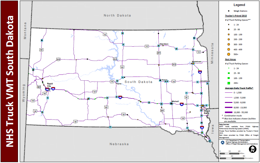 NHS Truck VMT South Dakota. Map of South Dakota shows major interstate routes and uses dots to indicate the locations of truck weigh stations, public rest areas, and private truck stop facilities. The size of the dot varies to indicate the number of parking spaces provided, and shaded boxes around the dots indicate showers are available. The lines representing the interstates are shaded more thickly to indicate higher average daily truck traffic and more thinly to indicate lower daily truck traffic. Data Sources: ADTT made available from FHWA Highway Performance Monitoring System (HPMS). Private Truck Facilities provided by Trucker's Friend 2015. Rest Areas provided by FHWA Office of Freight Management.