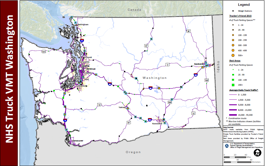 NHS Truck VMT Washington. Map of Washington shows major interstate routes and uses dots to indicate the locations of truck weigh stations, public rest areas, and private truck stop facilities. The size of the dot varies to indicate the number of parking spaces provided, and shaded boxes around the dots indicate showers are available. The lines representing the interstates are shaded more thickly to indicate higher average daily truck traffic and more thinly to indicate lower daily truck traffic. Data Sources: ADTT made available from FHWA Highway Performance Monitoring System (HPMS). Private Truck Facilities provided by Trucker's Friend 2015. Rest Areas provided by FHWA Office of Freight Management.