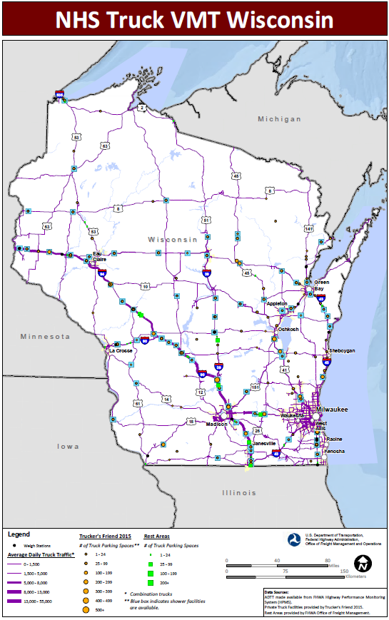 NHS Truck VMT Wisconsin. Map of Wisconsin shows major interstate routes and uses dots to indicate the locations of truck weigh stations, public rest areas, and private truck stop facilities. The size of the dot varies to indicate the number of parking spaces provided, and shaded boxes around the dots indicate showers are available. The lines representing the interstates are shaded more thickly to indicate higher average daily truck traffic and more thinly to indicate lower daily truck traffic. Data Sources: ADTT made available from FHWA Highway Performance Monitoring System (HPMS). Private Truck Facilities provided by Trucker's Friend 2015. Rest Areas provided by FHWA Office of Freight Management.