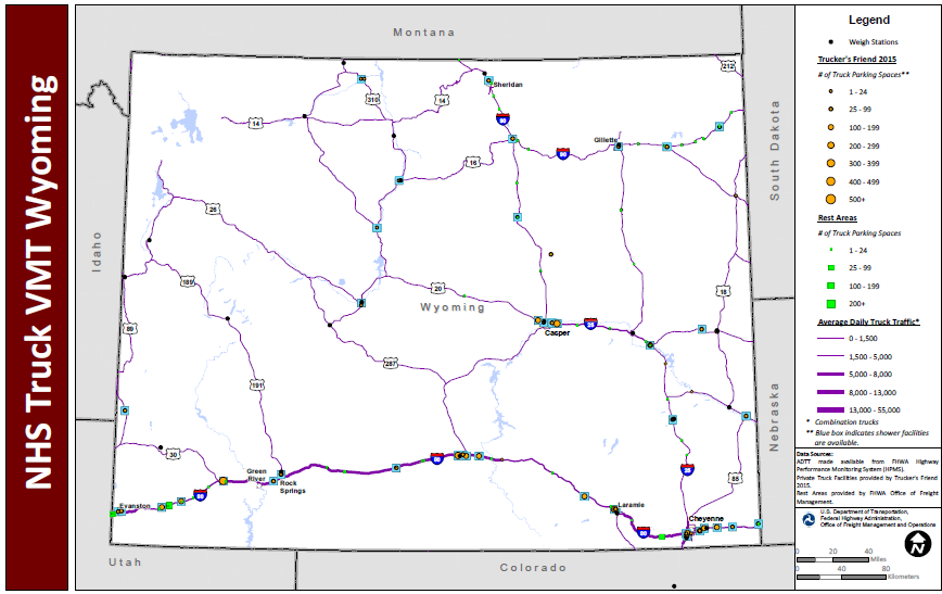 NHS Truck VMT Wyoming. Map of Wyoming shows major interstate routes and uses dots to indicate the locations of truck weigh stations, public rest areas, and private truck stop facilities. The size of the dot varies to indicate the number of parking spaces provided, and shaded boxes around the dots indicate showers are available. The lines representing the interstates are shaded more thickly to indicate higher average daily truck traffic and more thinly to indicate lower daily truck traffic. Data Sources: ADTT made available from FHWA Highway Performance Monitoring System (HPMS). Private Truck Facilities provided by Trucker's Friend 2015. Rest Areas provided by FHWA Office of Freight Management.