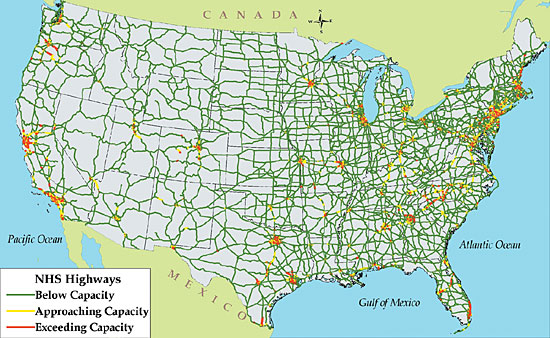 Figure 9. National Highway System Estimated Peak Period Congestion: 1998. Image of a map of the U.S. National Highway System. In 1998, most of the nation's highway sections that approached or exceeded capacity occured in urban areas. Most traffic on rural roads did not exceed designed capacity, although some rural segments, primarily those that link major urban areas, did experience congestion and corresponding loss in service.