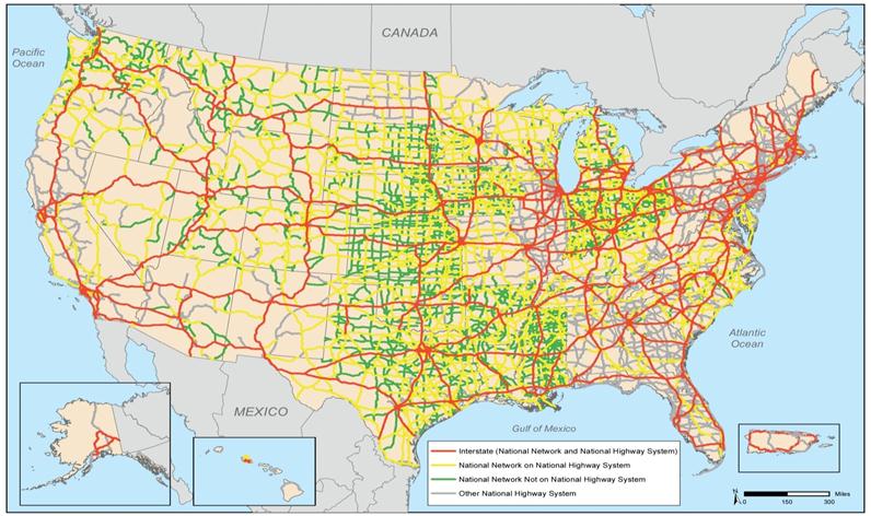 A map of the United States showing the National Network authorized by the Surface Transportation Assistance Act of 1982