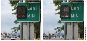 Figure 3. Sequencing comparative travel time sign at a decision point for two different routes to the town of Lehi that was used for a project in Utah. A pair of photographs shows a changeable message sign with directional arrow and travel time for two routes. Source: FHWA