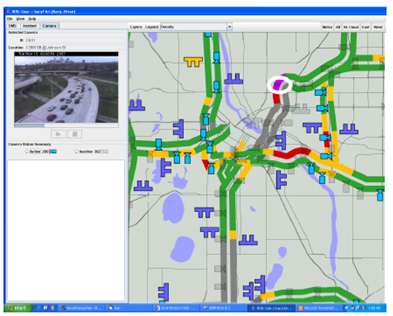 Screen capture of a color-coded traffic map along with a video feed from a traffic camera.