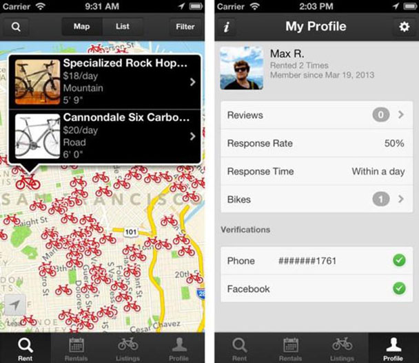Spinlister peer-to-peer bicycle listings. Source: Google Play Store, the interface screenshot shows the available locations of peer to peer bicycle and the user profile