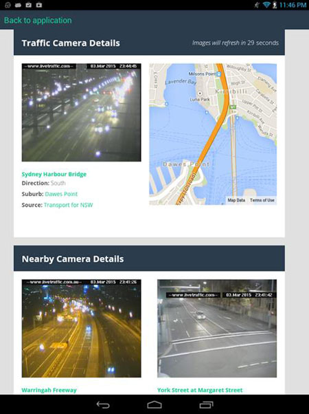 Snarl app screen displaying camera detail, the interface screenshot shows an example for a traffic camera view for one of the highways