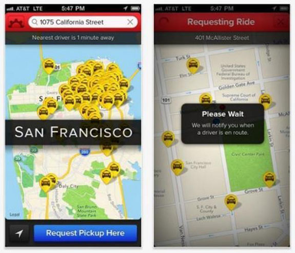 Flywheel e-Hail taxi app,the interface screenshot shows the location of the different available taxis at the time of request