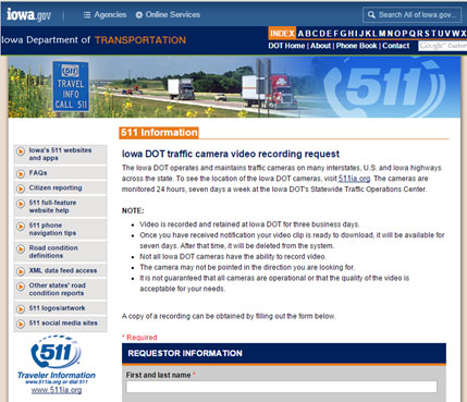 Figure 12 is a screen shot of the Web site through which one can request recorded video from the Iowa Department of Transportation.