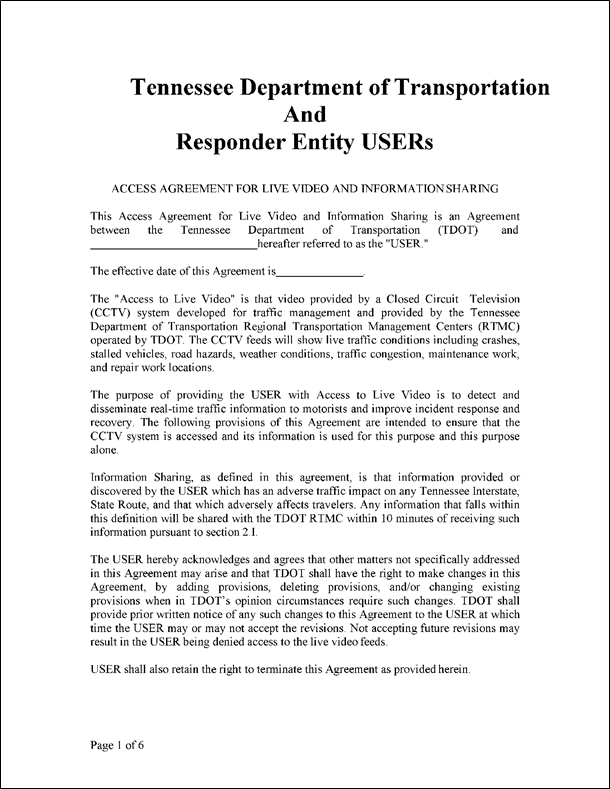 Figure 40 is a sample scan of the first page of the Responder Entity Users Access Agreement for Live Video and Information Sharing at the Tennessee Depatment of Transportation.