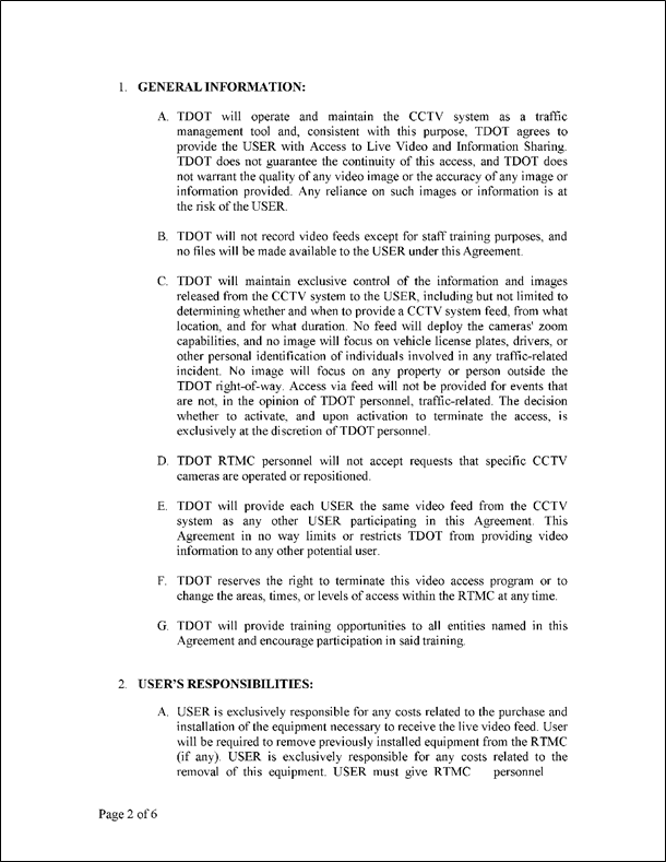 Figure 41 is a sample scan of the second page of the Responder Entity Users Access Agreement for Live Video and Information Sharing at the Tennessee Depatment of Transportation.