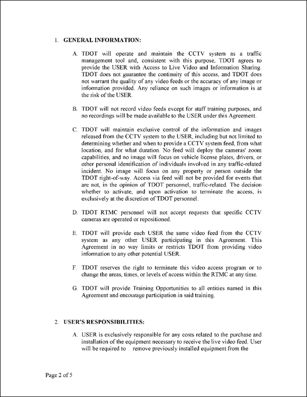 Figure 47 is a sample scan of the second page of the Private Entity Users Access Agreement for Live Video and Information Sharing at the Tennessee Depatment of Transportation.