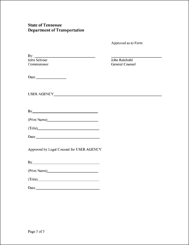 Figure 50 is a sample scan of the fifth page of the Private Entity Users Access Agreement for Live Video and Information Sharing at the Tennessee Depatment of Transportation. It includes blank lines for entering name, title, date and signature for the agency and the approver.
