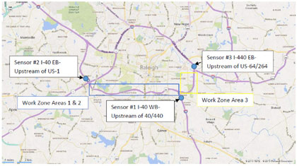 Figure E-5. Map showing the three volume sensor locations monitored during construction located outside of the three work zone areas at I-40 westbound upstream of 40/440, I-40 eastbound upstream of US-1, and on I-440 eastbound upstream of US-64/264.