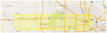 Figure 1.  This figure presents a map of the Houston, Texas, area.  A yellow box is used to identify the study region for the West Houston Transportation Study.  It is bordered by I-10 (Katy Freeway) on the north, the Westpark Tollway on the south, the Brazos River on the west, and downtown Houston on the east.