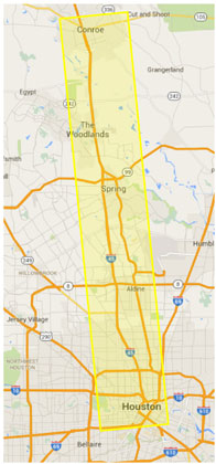 Figure 2.  This figure presents a map of the Houston, Texas, area.  A yellow box is used to identify the study region for the North Houston Transportation Study.  It is bordered by I-45 (North Freeway) on the west and the Hardy Toll Road on the east from downtown Houston to Conroe.