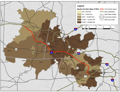Figure 27.  This figure shows a map of the zip codes within the Triangle Transportation Study region.  They are color-coded (i.e., degree of darkness) to signify population counts.
