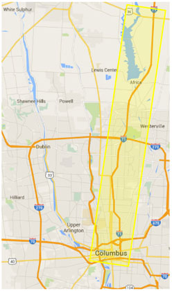 Figure 3.  This figure presents a map of the Columbus, Ohio, area.  A yellow box is used to identify the study region for the North Columbus Transportation Study, which is the I-71 corridor from downtown Columbus north to US 36.
